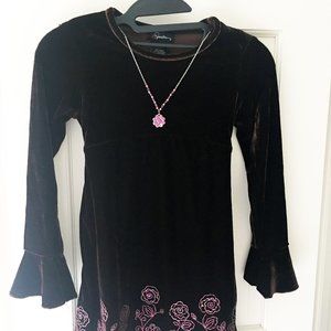 Speechless Pink Flower Necklace Velvet Velour Dark Brown L/S Dress Sz 7
